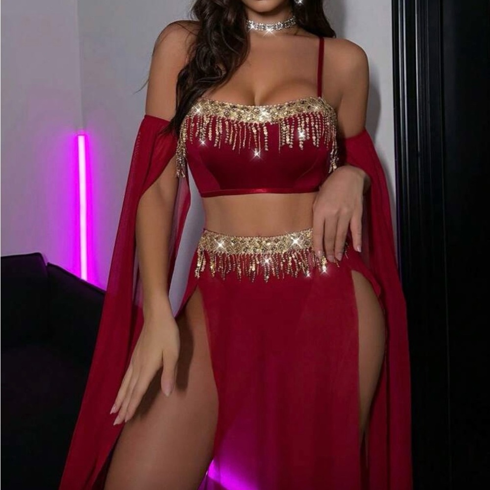 Elegant Red and Gold Women's belly dancing 5 piece set